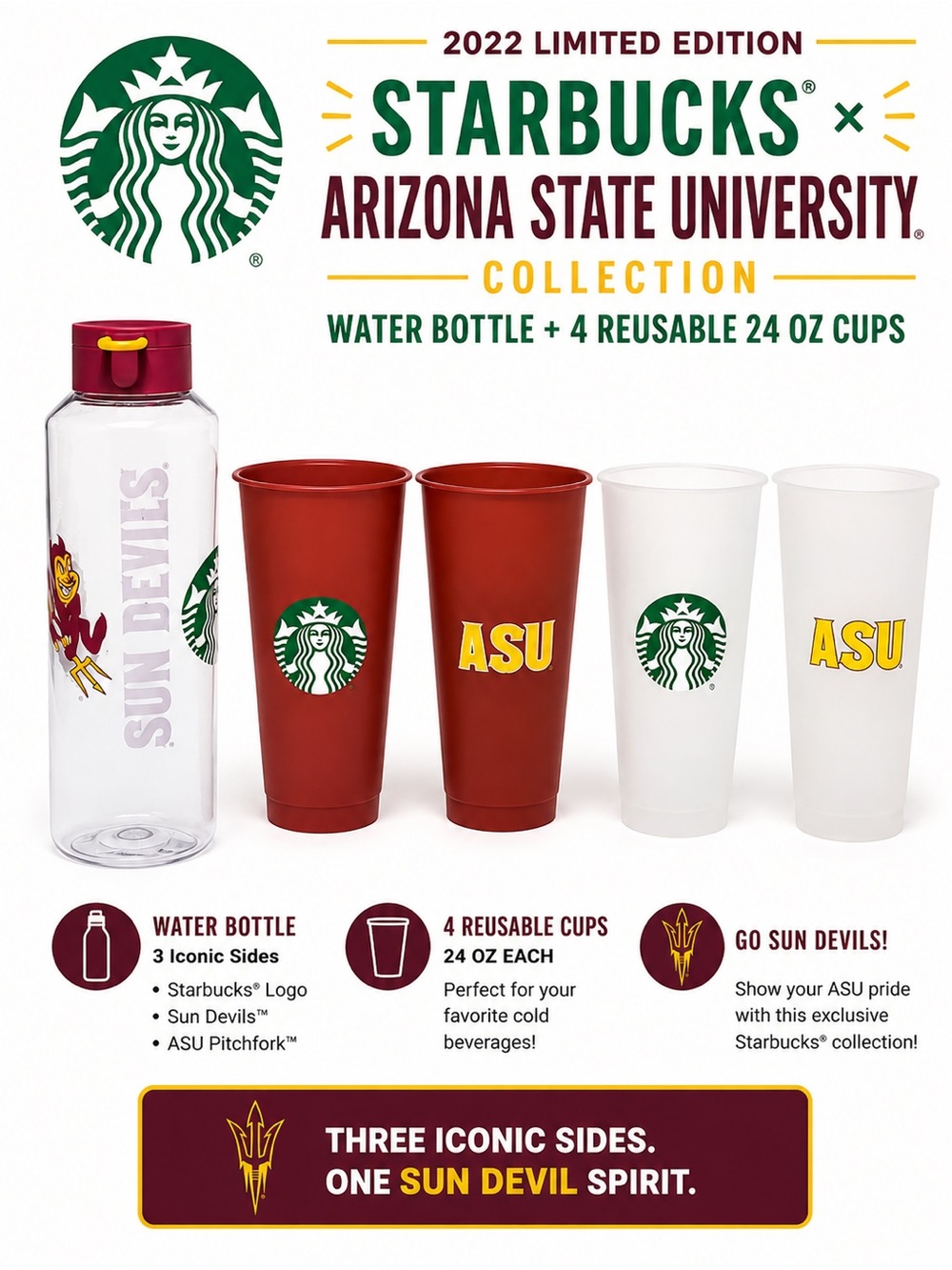2022 Arizona State University x Starbucks Drinkware Set Water Bottle + 4 Cups
